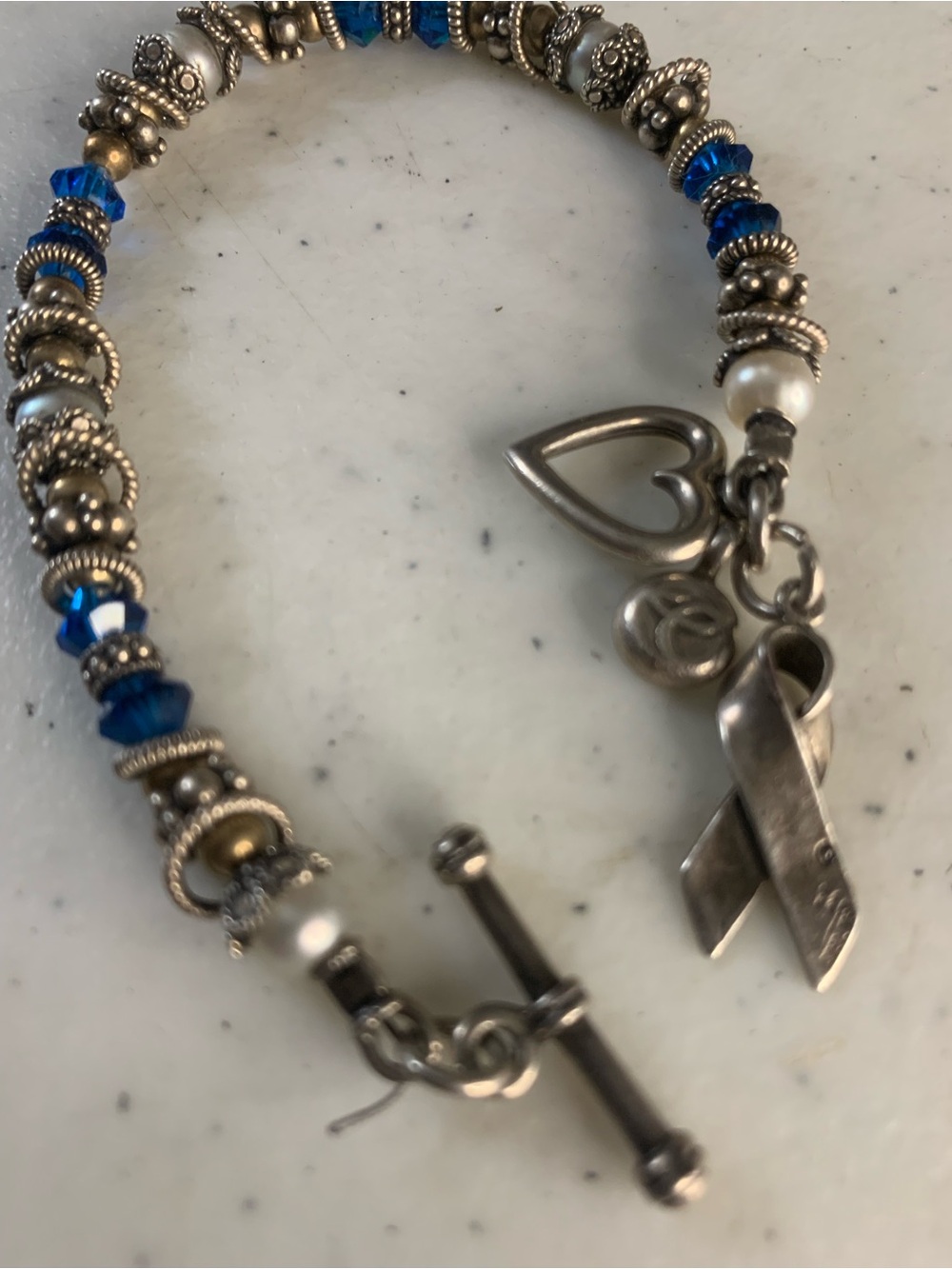 Blue Crystal , Real Pear and Sterling Silver Ribbon Charm Awareness Bracelet